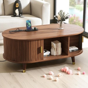 Mshliw 42.5" Oval Fluted Coffee Table with USB, Center Table with Sliding Tambour Doors & Solid Wood Legs for Living Room - 1 of 4