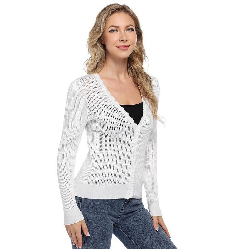 Women's Lightweight Mesh Cardigan Sweater with Wavy Trim Button Down Cardigan Sweater Spring/Fall Outfits, 4 of 8
