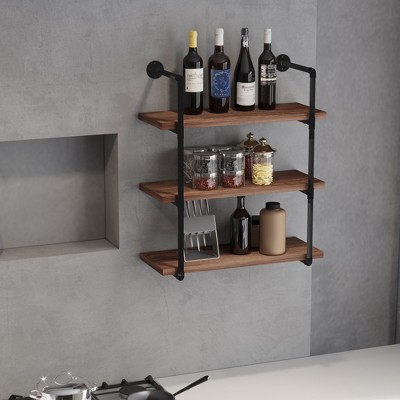 HOMCOM 3-Tier Industrial Pipe Shelves Floating Wall Mounted Bookshelf Metal Frame Display Rack 1.25" Thickness Shelving Unit for Farmhouse Kitchen Bar