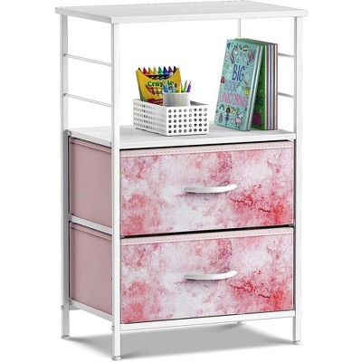 Sorbus 2 Drawers Nightstand with Shelf - Steel Frame, Wood Top & Easy Pull Fabric Bins - Perfect for Home, Bedroom, Office & More - Tie Dye Pink