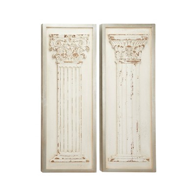 (Set of 2) 16" x 43" Large Rectangular Distressed Wood Wall Decor with Carved Greek Columns White - Olivia & May