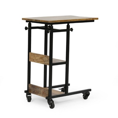 Amlin Adjustable Height Natural Mango Wood and Black Metal C-Shaped Side Table