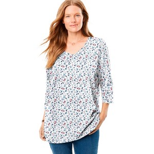 Woman Within Plus Size Perfect Printed Three-Quarter Sleeve V-Neck Tee - 1 of 4
