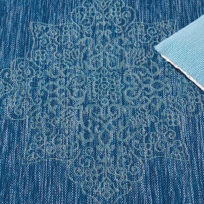 Ivory and Navy Square Flat-Woven Reversible Outdoor Rug