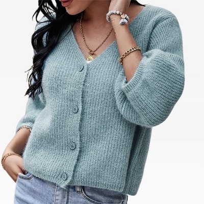 Womens V Neck Elbow Sleeve Cardigan Eyelash Knit Lantern Sleeve Crop Cardigan Button Down Rib Knit Tops 2025 Fall Fashion Outfits