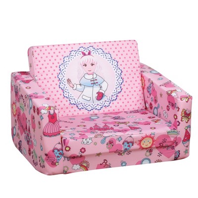 Qaba Kids Fold-Out Couch/Chair Lounger with Space-Themed Washable Fabric & Removable Cushion for 3-6 Years Old Children, Pink