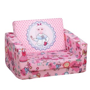 Qaba Kids Fold-Out Couch/Chair Lounger with Space-Themed Washable Fabric & Removable Cushion for 3-6 Years Old Children, Pink - 1 of 4