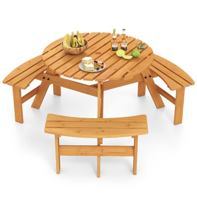 Tangkula 6-Person Round Picnic Table Set w/ 3 Built-in Benches 2" Umbrella Hole