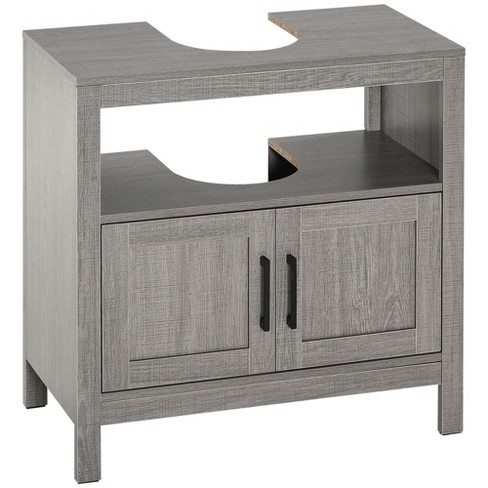 kleankin Pedestal Sink Storage Cabinet, Bathroom Under Sink Cabinet with 2  Doors and Open Shelf, Bathroom Vanity, Gray