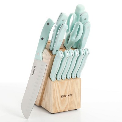 Kenmore Kane 14-Piece Glacier Blue Stainless Steel Cutlery Set with Rubber Wood Block