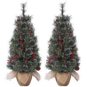 Homhougo 3ft Snow Flocked Christmas Tree with Pine Cones & Red Berries, Cloth Bag Base, Ideal for Fireplace or Tabletop - 1 of 4