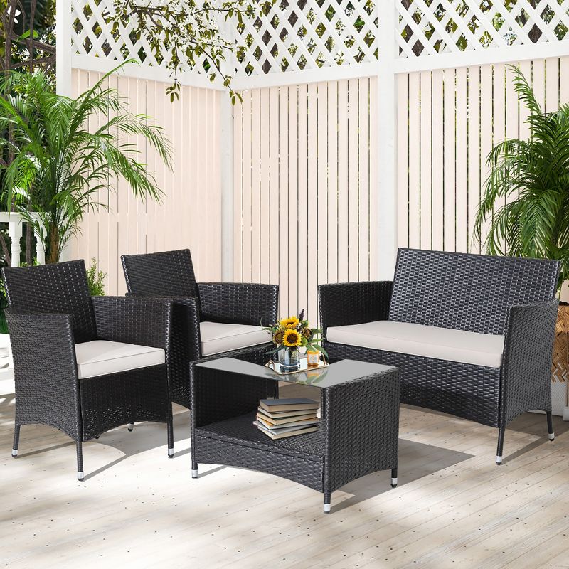 Tangkula 4PCS Outdoor Sofa Set Patio Rattan Wicker Conversation Set w/ Coffee Table, 3 of 11