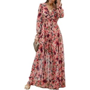 Coolmee Women's Casual Boho Deep V Neck Long Sleeve Maxi Dress - 1 of 4