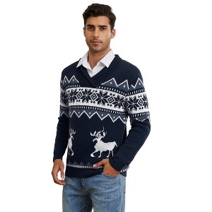 Ugly Christmas Sweater Men Fuuny Reindeer Snowflake Print Pullover Tops Long Sleeve v Neck Soft Knitted Sweaters - 1 of 4