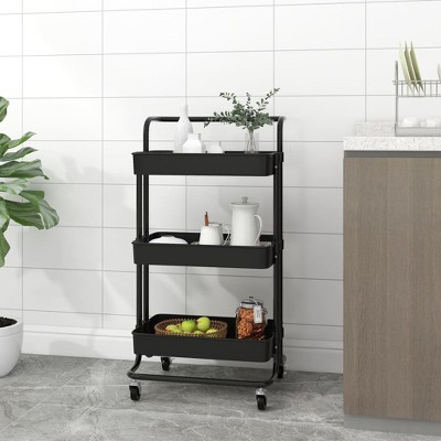 vidaXL 3-Tier Kitchen Trolley Black 16.5 in.x13.8 in.x33.5 in. Iron and ABS