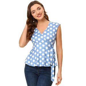 Allegra K Women's V Neck Sleeveless Self Tie Wrap Front Dotted Blouse - 1 of 4