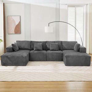 137" 4 Piece U Shaped Sectional Sofa Couch with 4 Seat Ind. 2 Chaise, Corduroy Fabric Boneless Modular Sofa with Pillows, No Assembly Required - 1 of 4