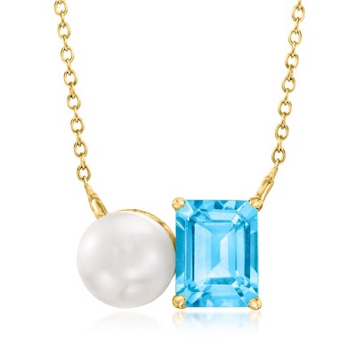 Ross-Simons 8-8.5mm Cultured Pearl and 2.90 Carat Swiss Blue Topaz Toi Et Moi Necklace in 18kt Gold Over Sterling Size 18