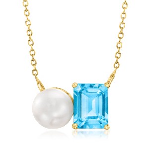 Ross-Simons 8-8.5mm Cultured Pearl and 2.90 Carat Swiss Blue Topaz Toi Et Moi Necklace in 18kt Gold Over Sterling Size 18 - 1 of 3