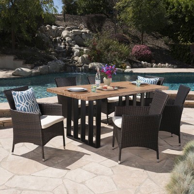 Brenner 7pc Wicker and Light Weight Concrete Dining Set - Brown/Beige - Christopher Knight Home