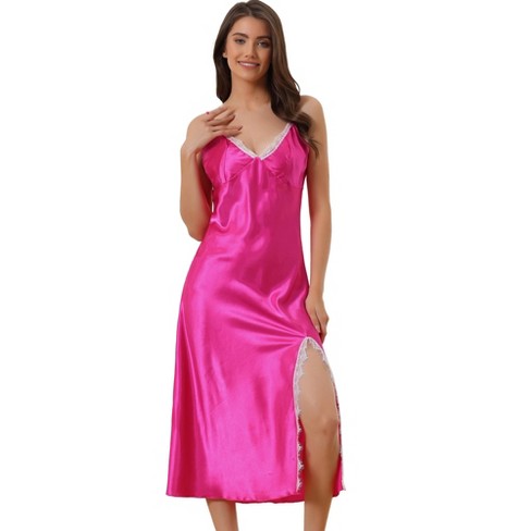 Cheibear Women's V Neck Lace Trim Pajama Sleepdress Nightgown Pink