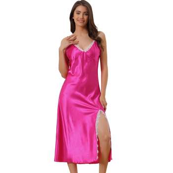 cheibear Women's Satin Nightgowns Lingerie Strap Chemise Split Hem Silky Lounge Dress