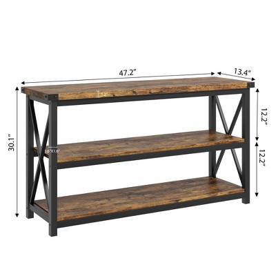 Dimensions of a three-tier console table showing 47.2" length, 12.2" width, and 30.1" height