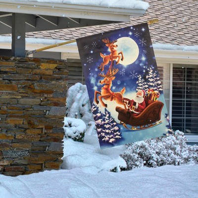 Santa and Reindeer Sleigh Ride Blue Winter Garden Flag