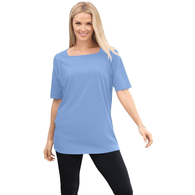 Woman Within Women's Plus Size Perfect Elbow-Sleeve Square-Neck Tee, 1 of 2