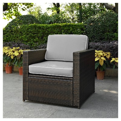 Palm Harbor Outdoor Wicker Arm Chair In Brown with Gray Cushions - Crosley