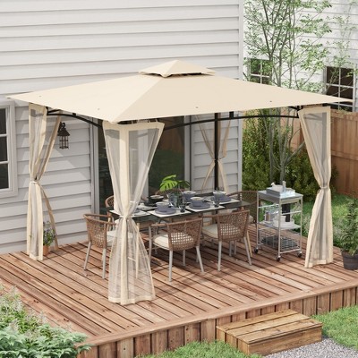 Beige Double Roof Outdoor Gazebo with Netting and Solid Metal Frame
