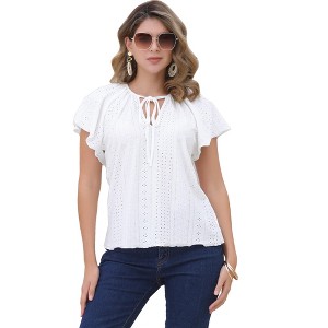 INSPIRE CHIC Women's Ruffle Short Sleeve Crew Neck Eyelet Drawstring Tie Neck Casual Blouse - 1 of 4
