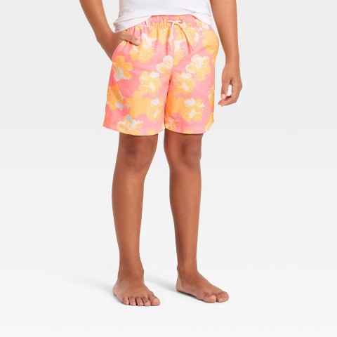 Cat & Jack Boys' Hibiscus Printed Swim Trunks - Cat & Jack™ Coral Orange L