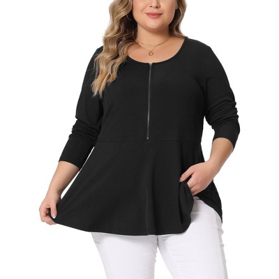 Agnes Orinda Women's Plus Size Peplum Half Zip Up Low Cut Short Sleeve Ruffle Blouse
