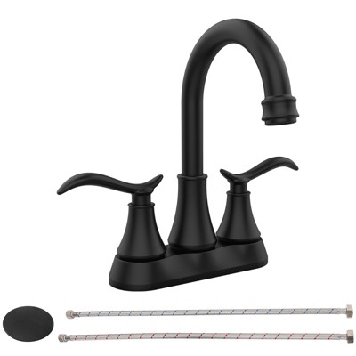 DOMETOUR Bathroom Faucet Matt Black with Pop-up Drain & Supply Hoses 2-Handle 360 Degree High Arc Swivel Spout Centerset 4 Inch Vanity Sink Faucet