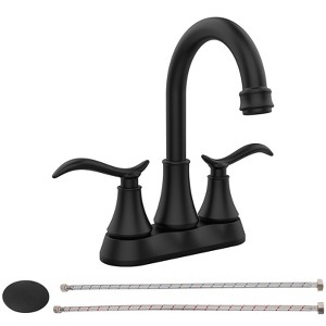 DOMETOUR Bathroom Faucet Matt Black with Pop-up Drain & Supply Hoses 2-Handle 360 Degree High Arc Swivel Spout Centerset 4 Inch Vanity Sink Faucet - 1 of 4