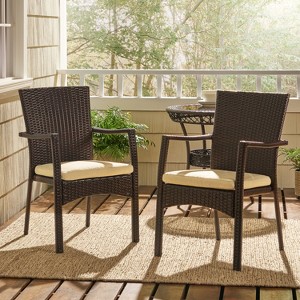 Christopher Knight Home Ruple Outdoor Wicker and Iron Dining Chairs with Water-Resistant Cushions (Set of 2) - 1 of 4