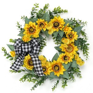 18 Inch Artificial Sunflower Wreath for Front Door, Spring Summer Wreath with Burlap Bow Sunflowers Eucalyptus Leaves for Indoor Outdoor Decor - 1 of 4