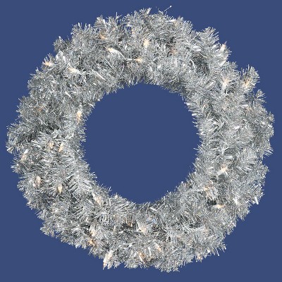 Allstate Floral 24" Prelit Sparkling Silver Tinsel Artificial Christmas Wreath - Clear Lights