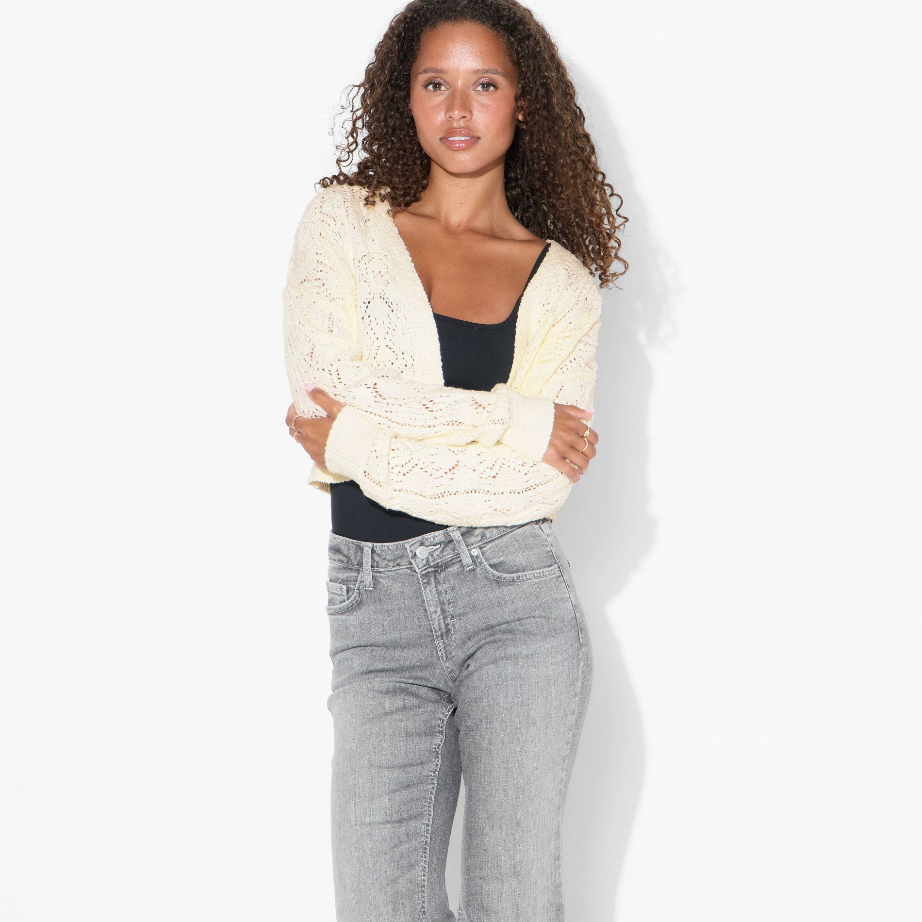 Women's Long Sleeve Shawl Collar Open Work Cardigan - Wild Fable™ Off-White S