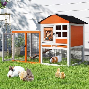 Sandinrayli 48" L Rabbit Cage Bunny Hutch Outdoor Indoor, Expandable 2-Story Large Wooden Small Animal Cage with Run, Orange - 1 of 4