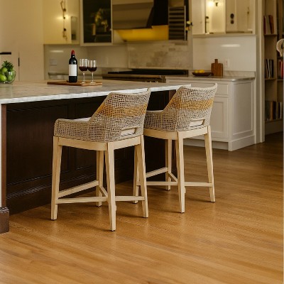 Royal Hampton 30 Inch Set of 2 Barstool Chairs | Handcrafted Mango Wood | Cotton Rope Weaving | Beige Cushion