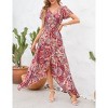 Women's Summer Short Sleeve V Neck Floral Print Irregular Hem Mid Split Button Smocked Waist Casual Swing Maxi Dress - 2 of 4