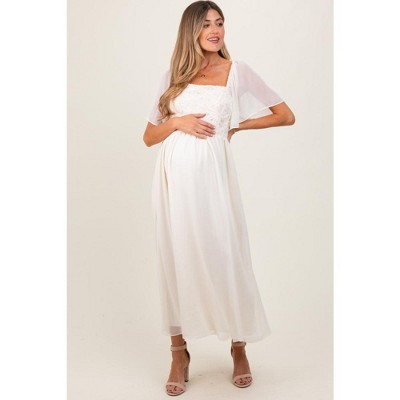 PinkBlush Cream Floral Applique Flutter Sleeved Maternity Midi Dress