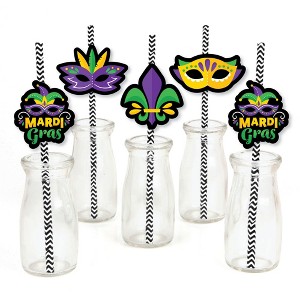 Big Dot of Happiness Colorful Mardi Gras Mask - Paper Straw Decor - Masquerade Party Striped Decorative Straws - Set of 24 - 1 of 4