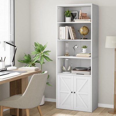 71.4 Inch Tall Industrial Bookcase, Freestanding Bookcase with Doors, Farmhouse Bookshelf