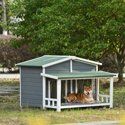 Solid Wood 47.2" Outdoor Large Wooden Dog House, Outdoor And Indoor Dog Crate, Cabin Style, With Porch, 2 Doors