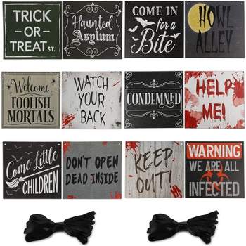 Spooky Central 12 Pack Halloween Party Decorations, Beware Door Signs with Rope (11.8 x 9.8 In)