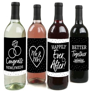 Big Dot of Happiness Mr. and Mrs. - Black and White Wedding or Bridal Shower Decorations for Women and Men - Wine Bottle Label Stickers - Set of 4 - 1 of 4