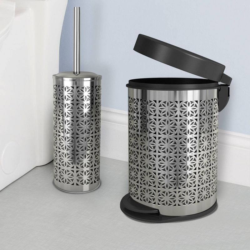 Laser Cut Step Garbage Trash Can &#38; Toilet Brush Holder with Lid Metallic Silver - Nu Steel, 3 of 9
